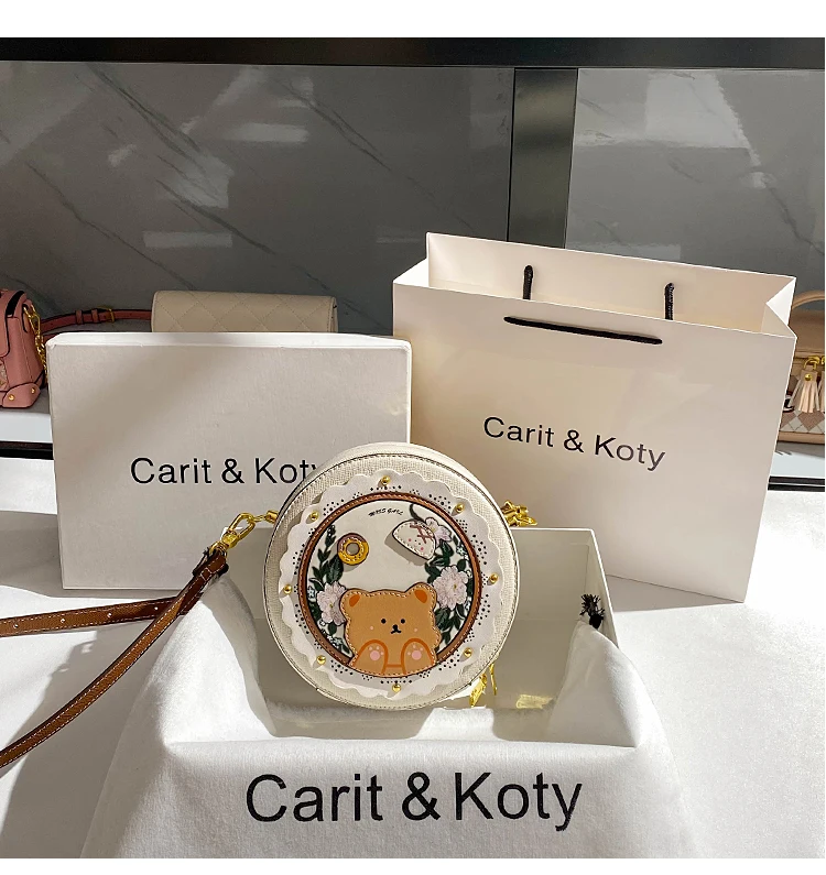 

High Quality Textured Leather Women's Handbag Cute Bear Cartoon Printing Circular Bag Female Shoulder Messenger Bag Lady Purse