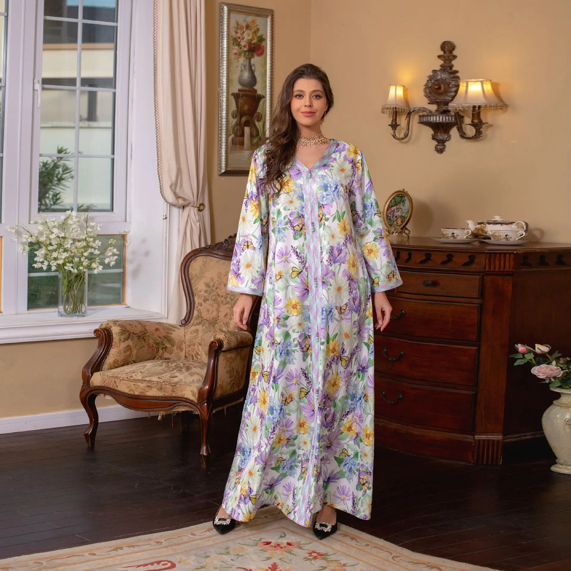 Ethnic Floral Printed Long Dresses Elegant V-Neck Lace Tape Modest Fashion Dress Eid Mubarak Abaya for Woman Free Shipping