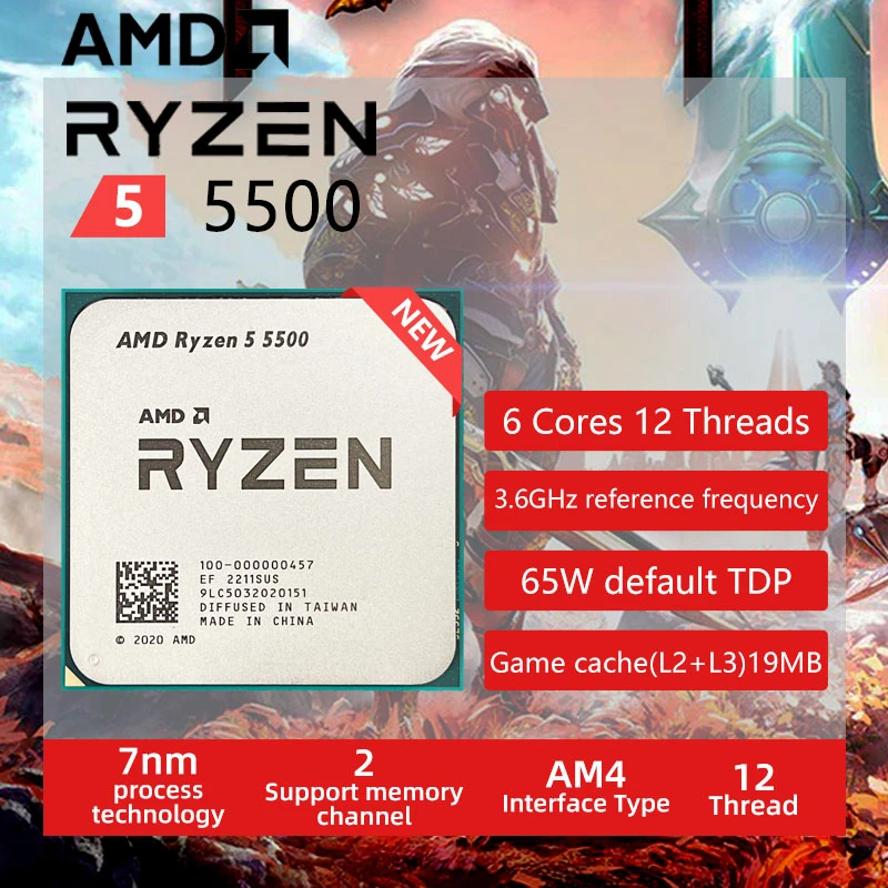 AMD Ryzen 5 5500 R5 5500 3.6 GHz 6-Core 12-Thread CPU Processor 7NM L3=16M 100-000000457 Socket AM4 New but without cooler