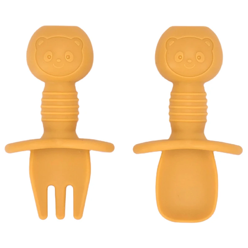 2pcs/Set Food Grade Children Silicone Spoon Fork Cutlery Baby Training Complementary Food Spoon Baby Feeding cartoon Spoon&Fork 4