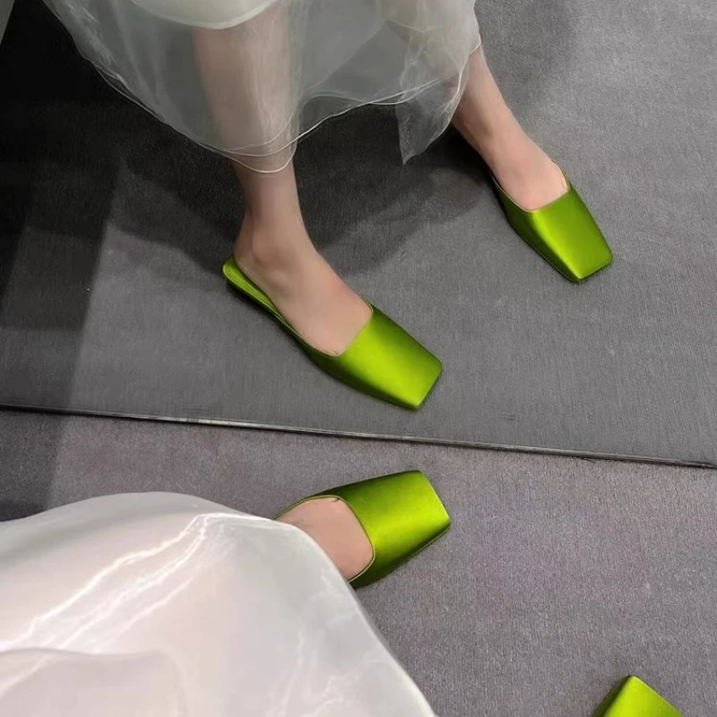 New Summer Women Slipper Pumps Triangle Heel Early Baotou Half Slippers Women's Square Toe Sandals Slippers for Women High Heels