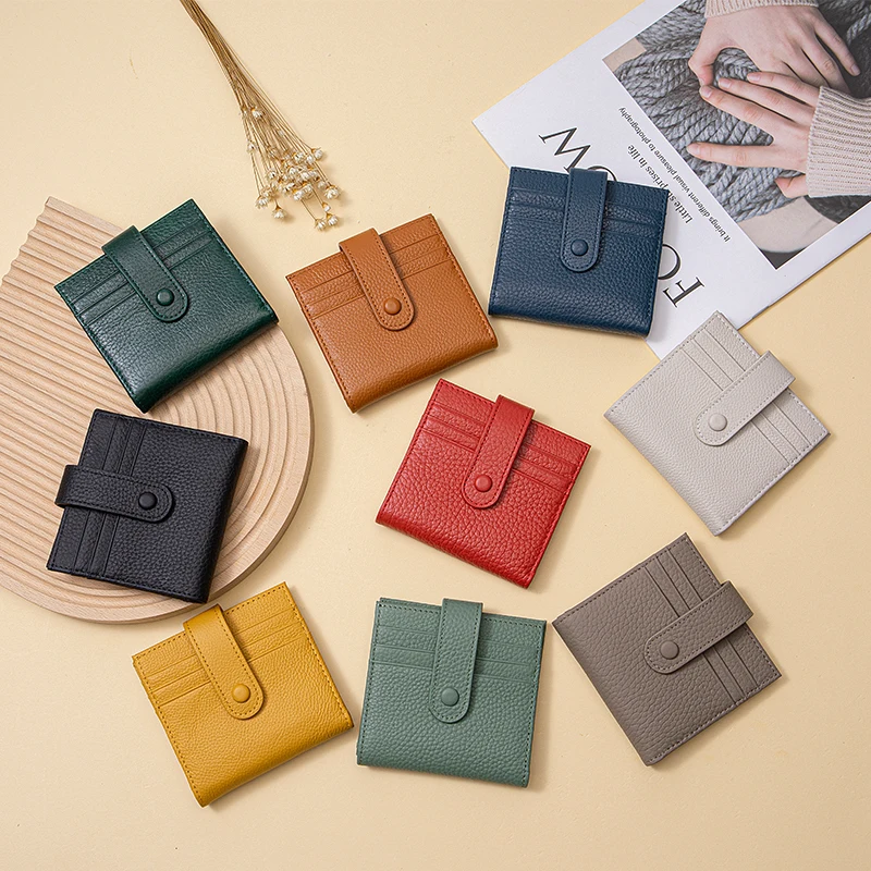 Genuine Leather Women RFID Blocking Ultra-Thin Mini Short wallet Small women's two-fold purse 9 Cards Slots 1 Coin pocket