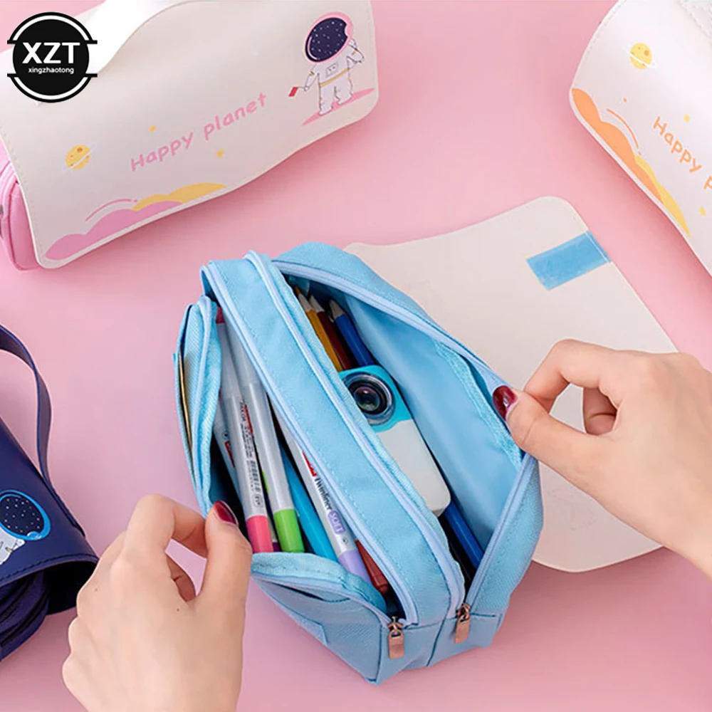 Space astronaut portable pencil case cute cartoon kids stationery bag large capacity storage bag school studen canvas pencil