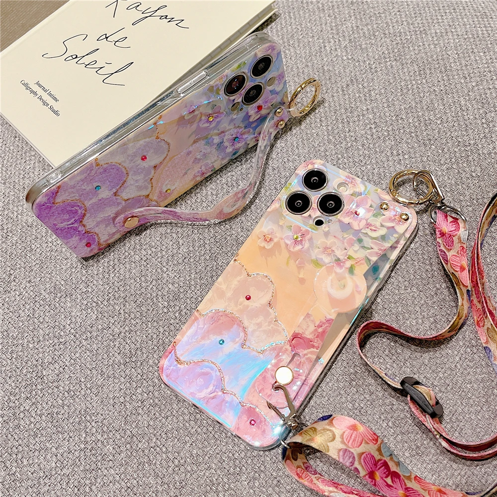 Elegant Floral Diamond Soft Cover with Crossbody Lanyard and Wrist Strap