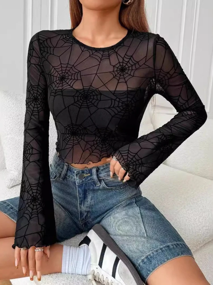 New Elegant Women's Mesh Crew Neck Flared Sleeve T-shirt Fashionable Sheer Fungus Trim Cropped Casual Short Blouse Black Top