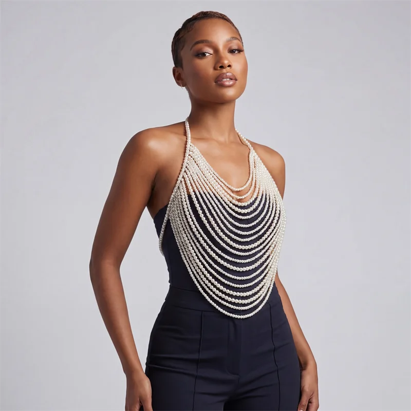 Damen Mehrlagiges Perlenketten-Neckholder-Top Sexy Rückenfreies Körpergeschirr für Party Strand Rave Festival Nachtclub Clubwear Outfits – Detail 5