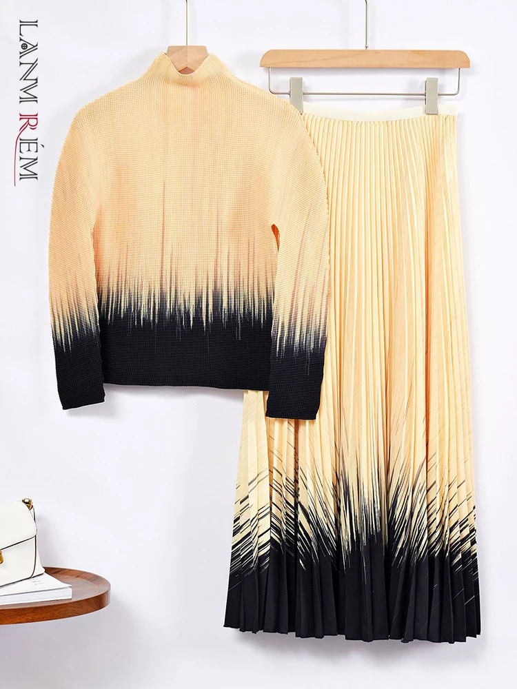 

LANMREM Color Block Pleated 2 Pieces Set Designer Printed Long Sleeves Tops High Waist Skirts Elegant Female Clothing 2YA957
