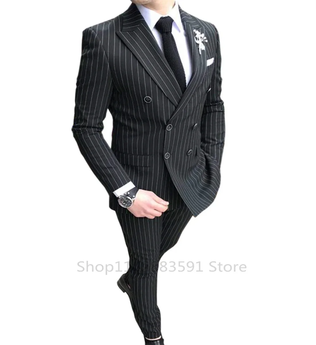 Luxury Men's Striped Wedding Casual Tuxedo Men's British Slim Suit Quality Business Social Club Suit Costume Homme 2 Pieces