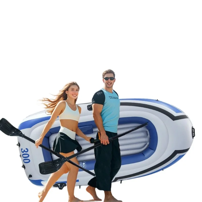 Barca gonfiabile per kayak per 2-4 persone, canoa per zattera in PVC resistente per pesca, rafting, sport acquatici, blu bianco e giallo - immagine 3