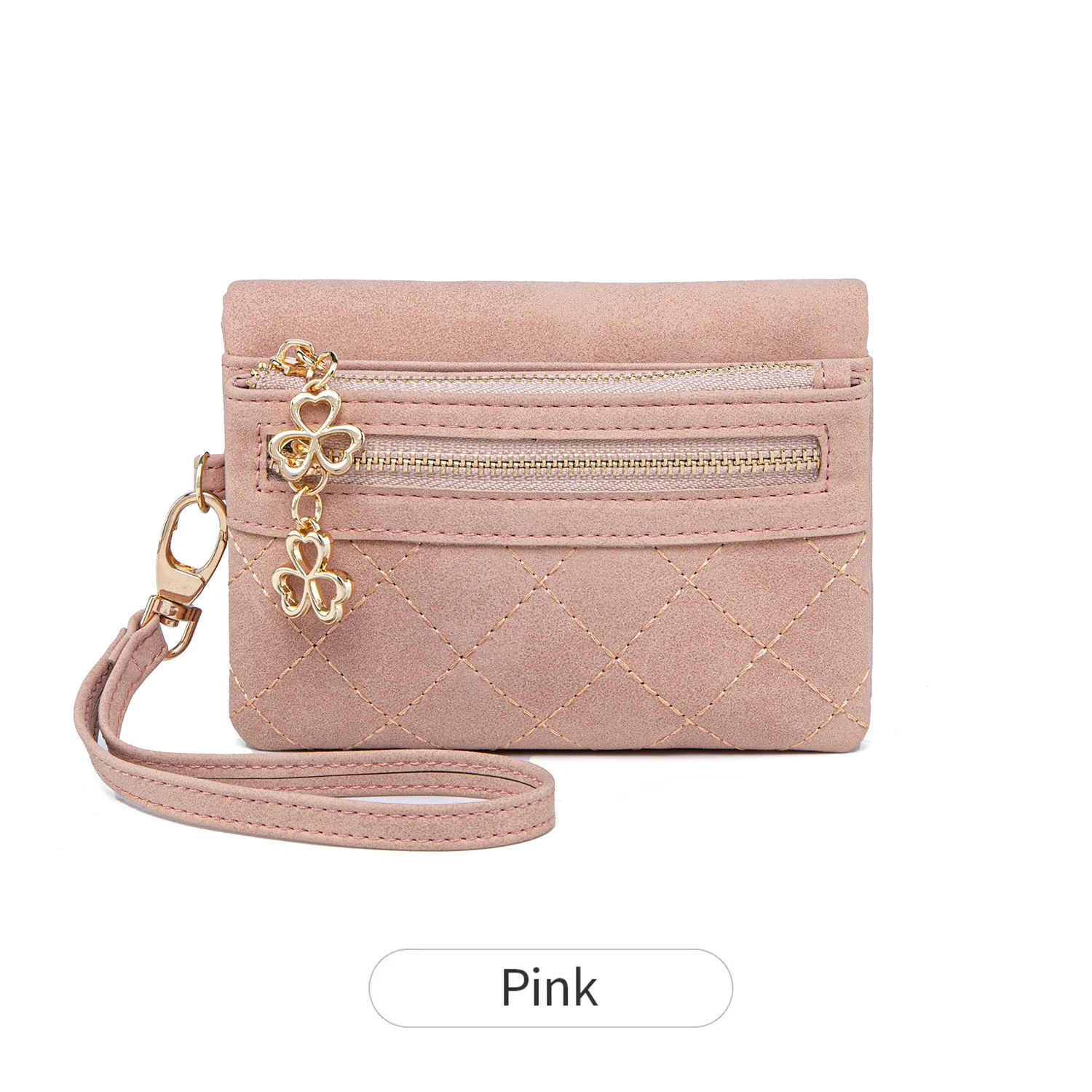 Elegant Retro Bi-Fold Women's Wallet with Diamond Pattern Stitching and Wrist Strap