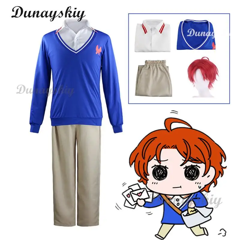 

Anime WONDER EGG PRIORITY Momoe Sawaki Cosplay Costume Red Wig with Blue Coat Shirt Pants Outfits Christmas Carnival Clothing