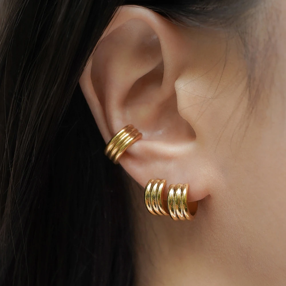 Vintage Triple Ridge Mini Hoop Earrings Hypoallergenic Multi-layer Metal C-shape Piercing Huggie 18K Gold Plated Women's Jewelry