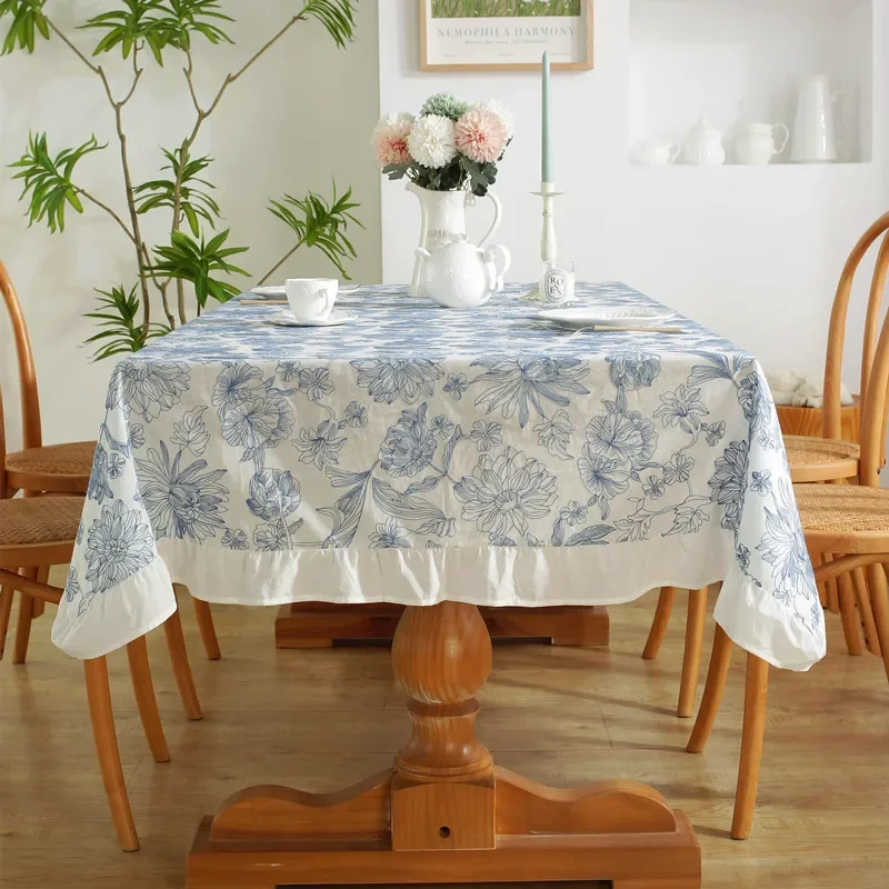 

Cotton Table Cloth Waterproof Oilproof Blue and White Porcelain Embroidery Table Cover Decoration Coffee Tea Table Protector