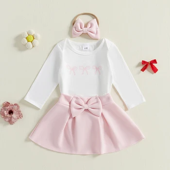 Neonata 3 pezzi Completi Autunno Primavera Abbigliamento Manica lunga Stampa fiocco Pagliaccetto + Minigonna + Set fascia per i più piccoli