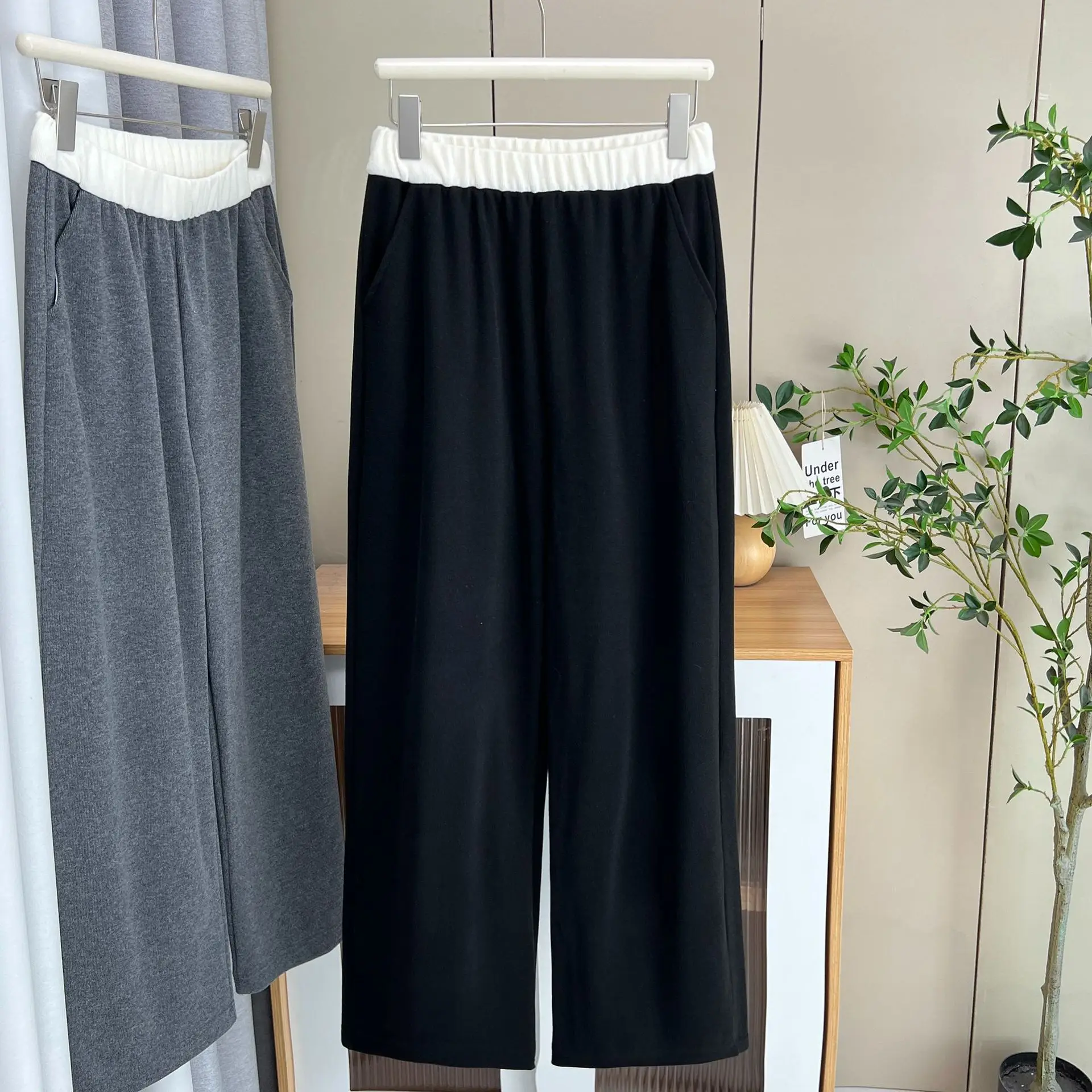 Plus Size Women's Straight Leg Pants Autumn Casual Color Blocking Hight Waisted wide-leg Trousers 387