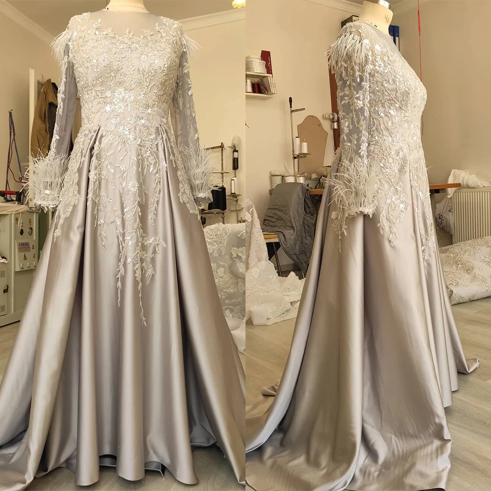 

Classic Applique A-Line Evening Dresses Feathers Full-Sleeve Special Occasion Dress O-Neck Lace-Up Women Prom Gowns for Party