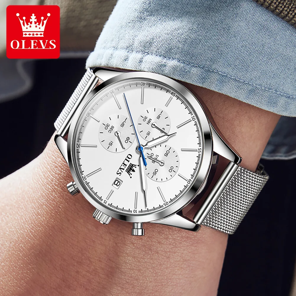 OLEVS 2881 Original Men's Watch Mesh Steel Strap Classic Small Dial Chronograph Calendar Wristwatch Luxury Quartz Watch for Man 5