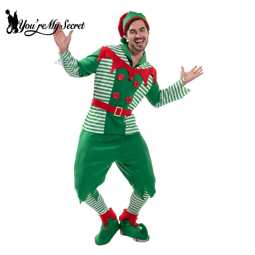 You're My Secret Christmas Santa Claus Costume Green Elf Cosplay Family Carnival Party New Year Fancy Dress Clothes Set For Men