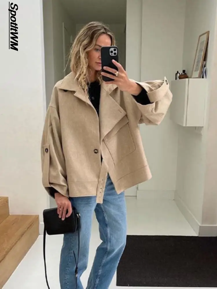 

Fashion Cropped Lapel Bombers Coat Women Casual Single Breasted Belt Long Sleeve Loose Jacket 2023 Autumn Lady Office Streetwear
