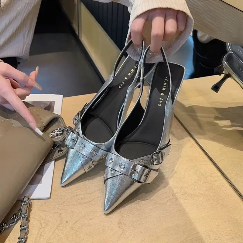 Female Slip On Footwear Fashion Metal Buckle Ladies High Heels Shoes Slides Pointed Toe Women Heels Pumps Shoes New In 2025 2