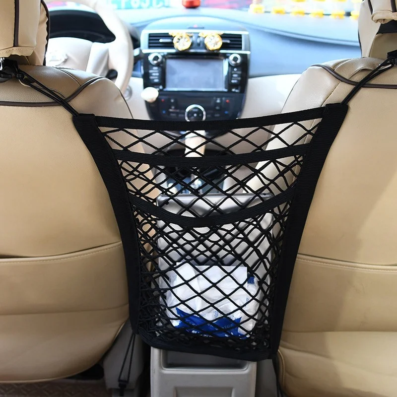 3-Layer Car Storage Net Bag Between Seats Car Divider Pet Barrier Stretchable Elastic Mesh Bag Organizer Auto Accessories