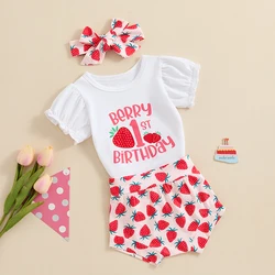 FOCUSNORM 0-18M Lovely Baby Girls Birthday Clothes Sets 3pcs Strawberry Print Short Sleeve Romper and Shorts Cute Headband