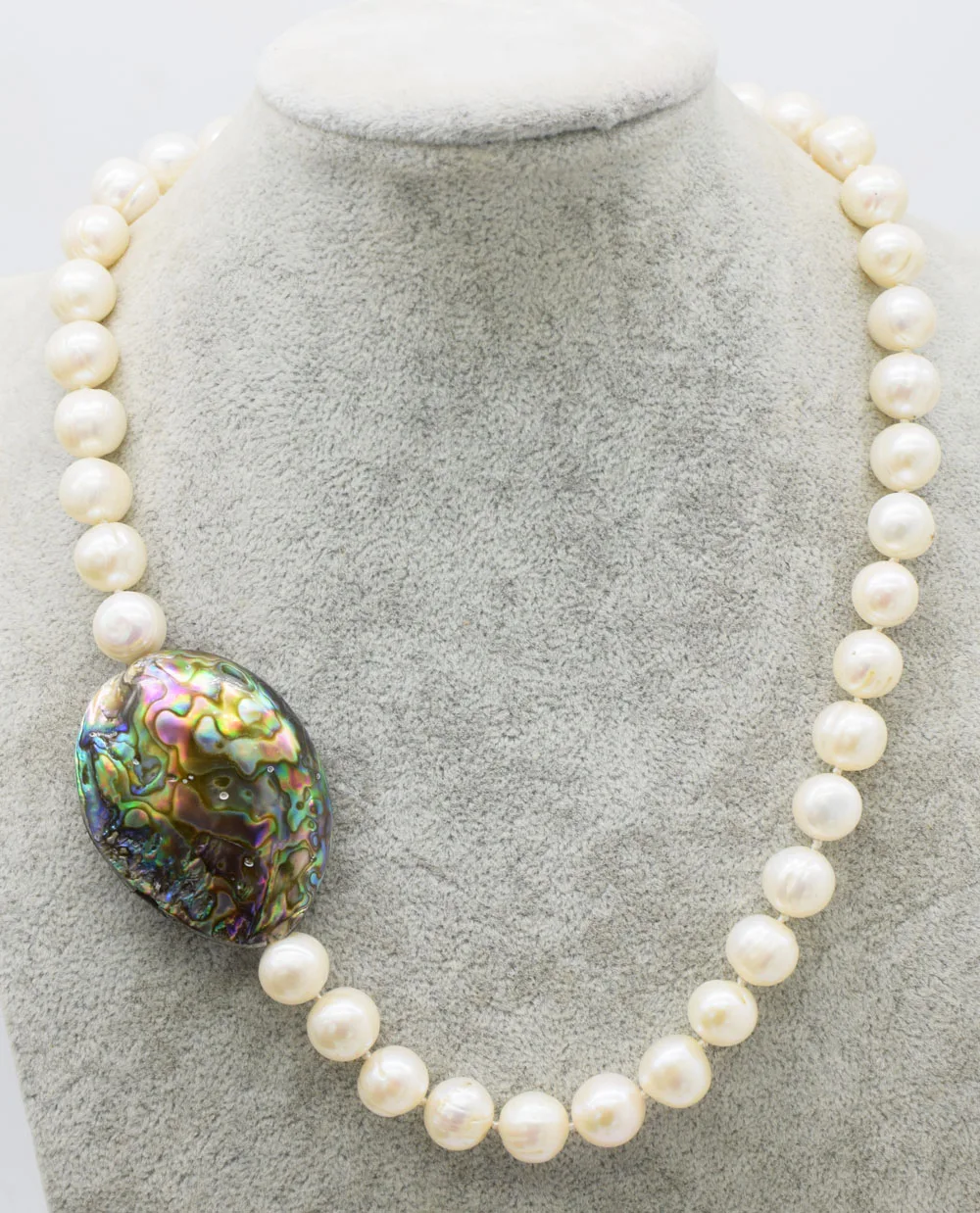 

freshwater pearl white near round 11-12mm and abalone egg necklace 18inch nature beads wholesale