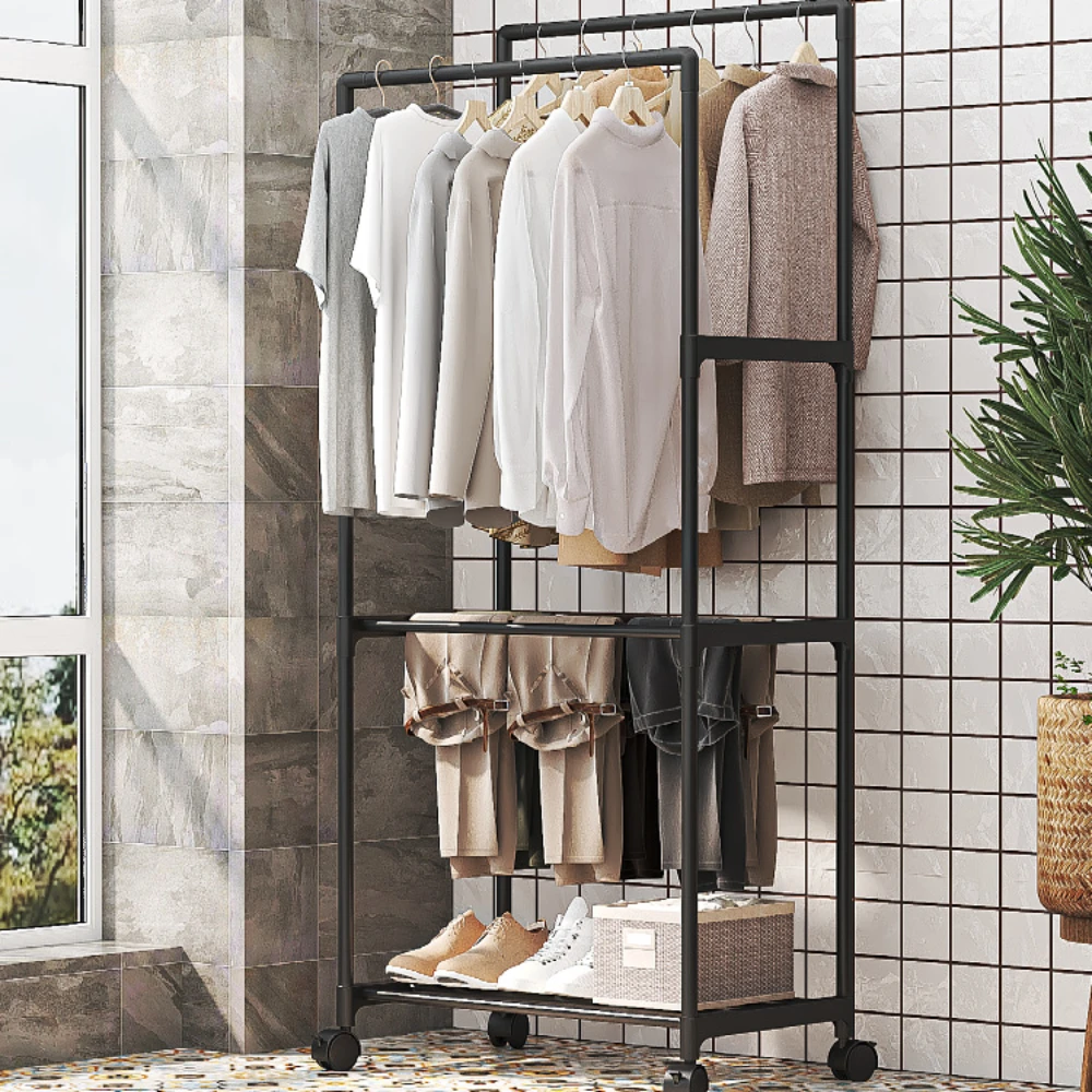 Storage Clothes Rack Double Pole Standing Wheels Hall Furniture Easy To Install Coat Rack With Shelves Bedroom Storage Shelves clothes rack