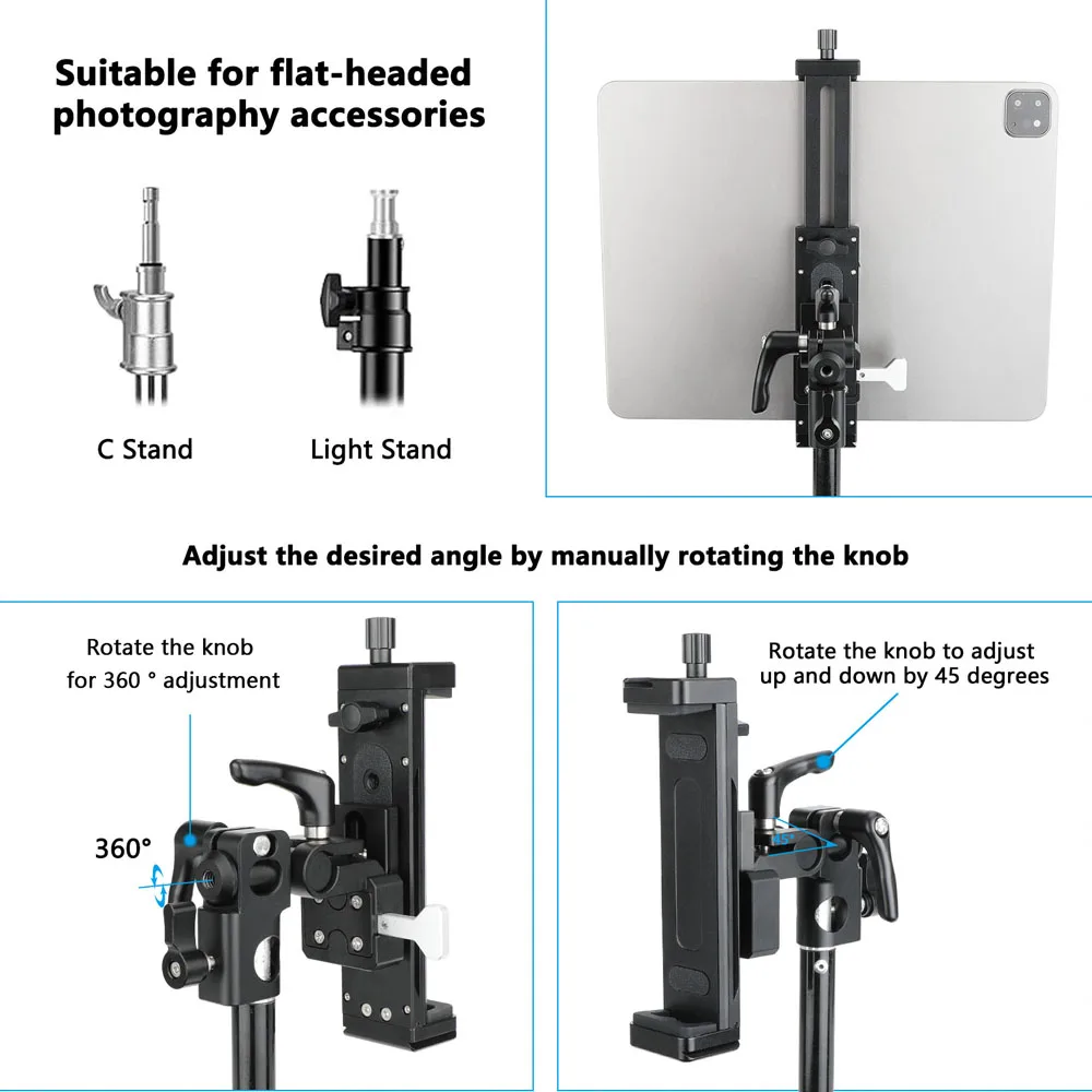 Mobile Phone Tablet Universal Holder Bracket with 360° Rotation Pan For C-stand