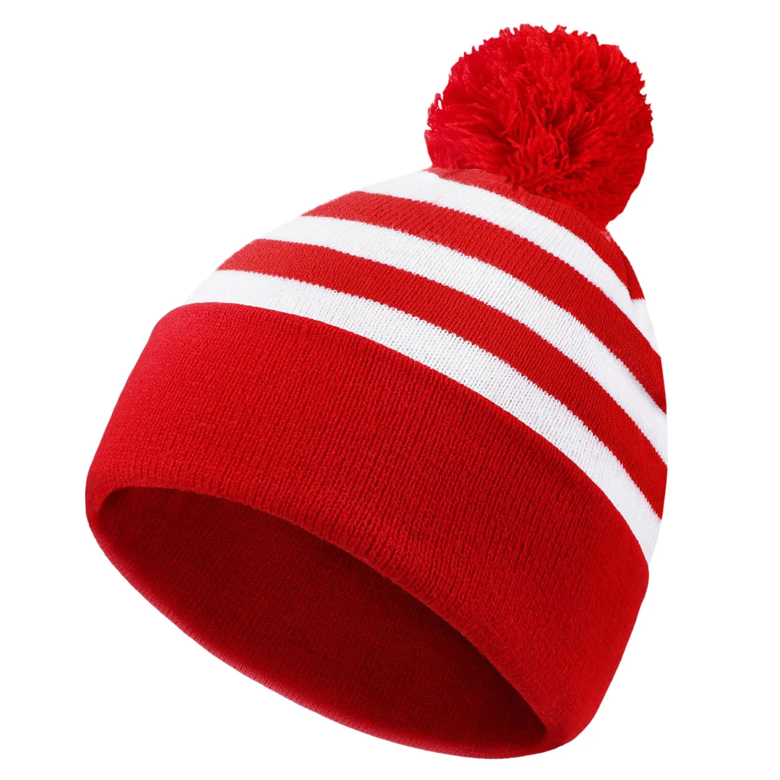 Trapper Hat With Glasses Red White Hat Christmas Cuff Knit Hat With A Yarn Bobble On The Hat Top Winter Face Wool Pullover Hat 2