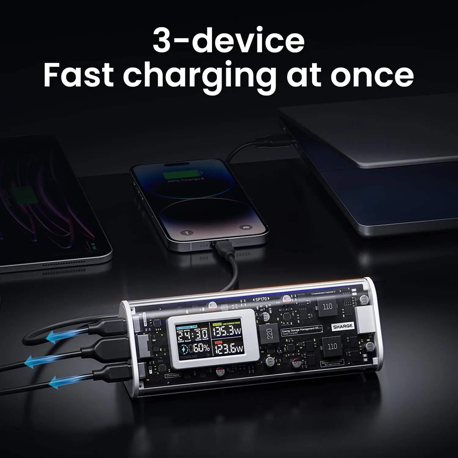 SHARGE Power Bank 24000mAh 170W Output Fast Charge with IPS Smart Screen Display IP66 Waterproof for MacBook Tablet iPhone 15pro 6