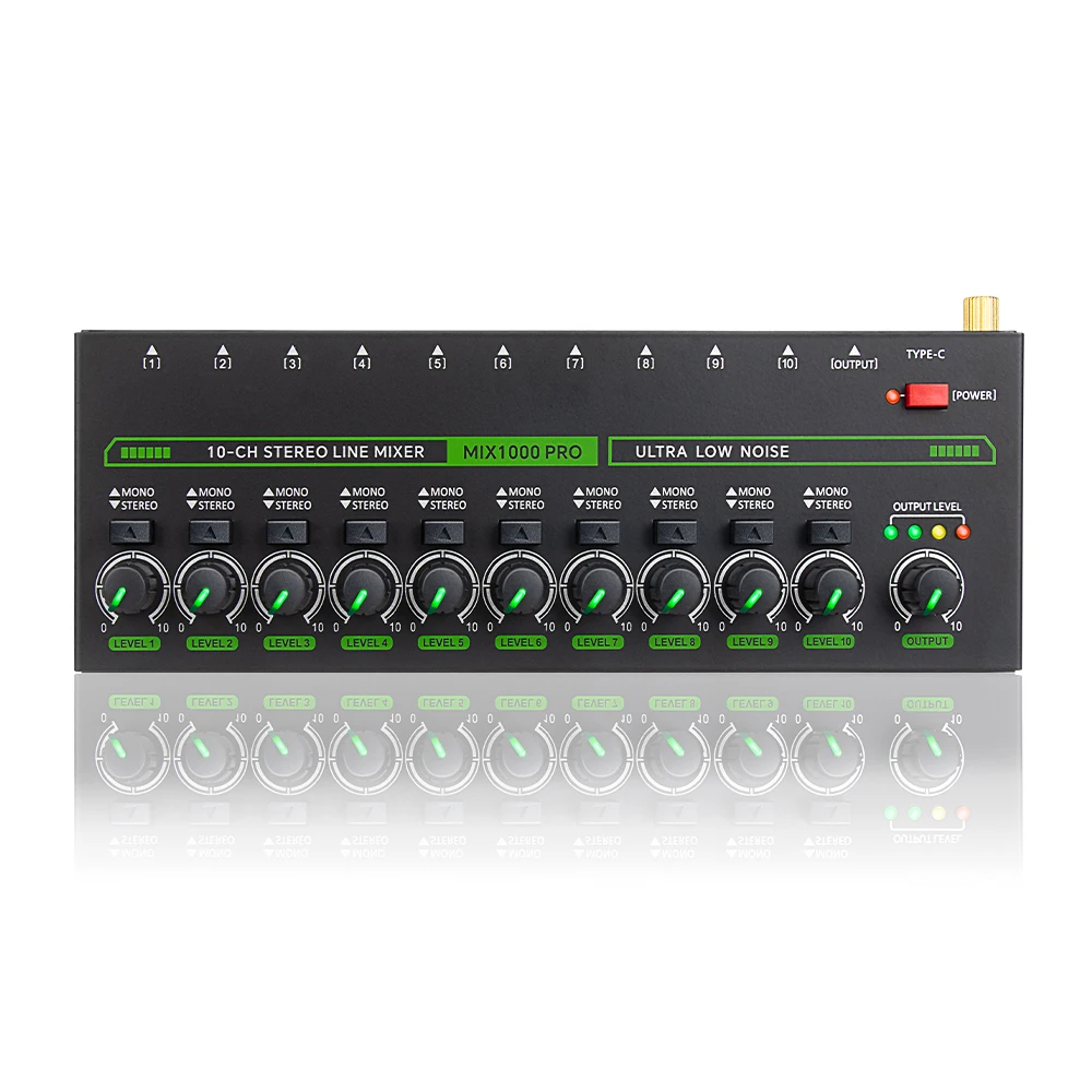 10Channel Audio Mixer Low Noise Stereo Mono Line Mixer 6.35mm TRS/TS Input Type-C Audio Processor for Guitar Bass Keyboard Stage