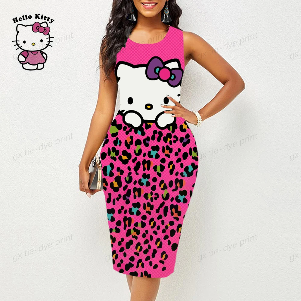 

Fashion Women's Dress Hello Kitty Print Sleeveless O Neck Cartoon Casual Dress Fashion New Summer Knee Length Dress Sunshine