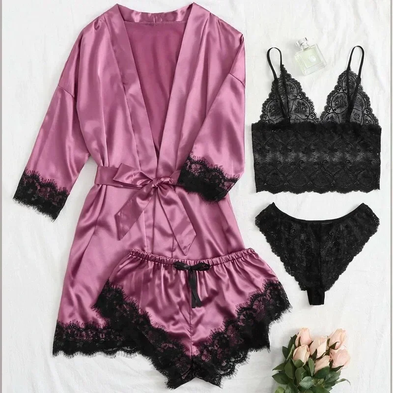 

4pcs Woman Sleepwear Floral Lace Trim Satin Pajamas Set with Robe Sexy Faux Silk Pijamas Robe Sets Casual Home Clothes Nightwear