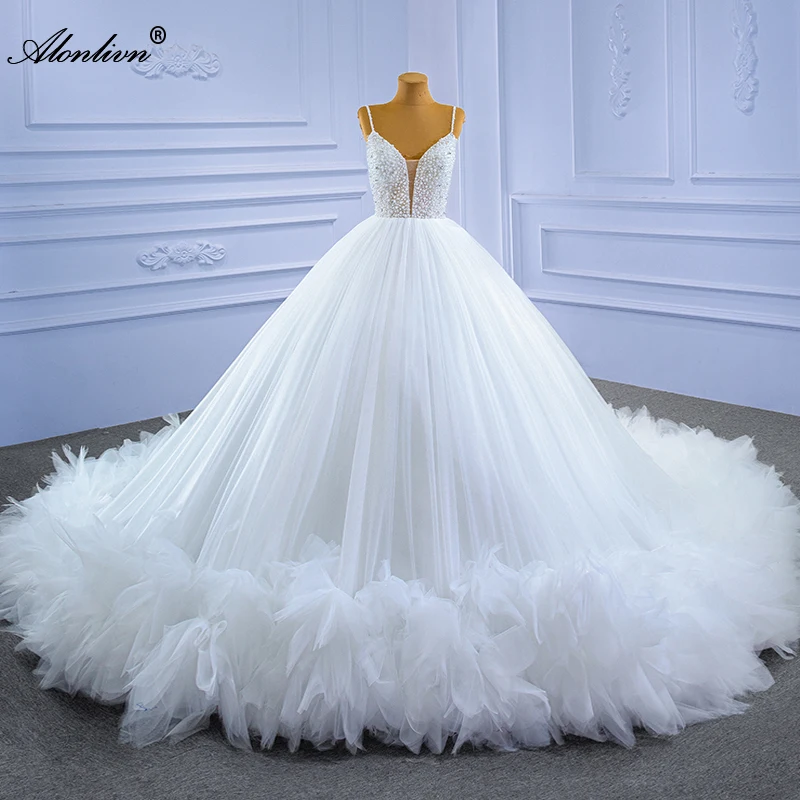 

Alonlivn Sweetheart Vestido De Noiva Ball Gown Wedding Dresses Beading Pearls Spaghetti Straps Pleats Lace Up Bridal Skirts