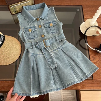 Girls Denim Dress Belt Princess Dress 1