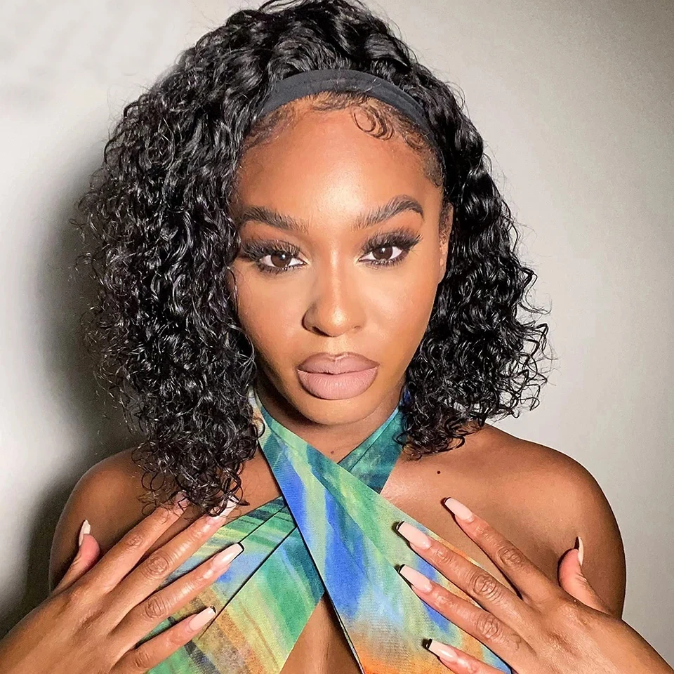 

Shuangya Short Curly Headband Wigs 100% Human Hair Peruvian Water Wave Human Hair Headband Wigs Full Machine Wigs For Women