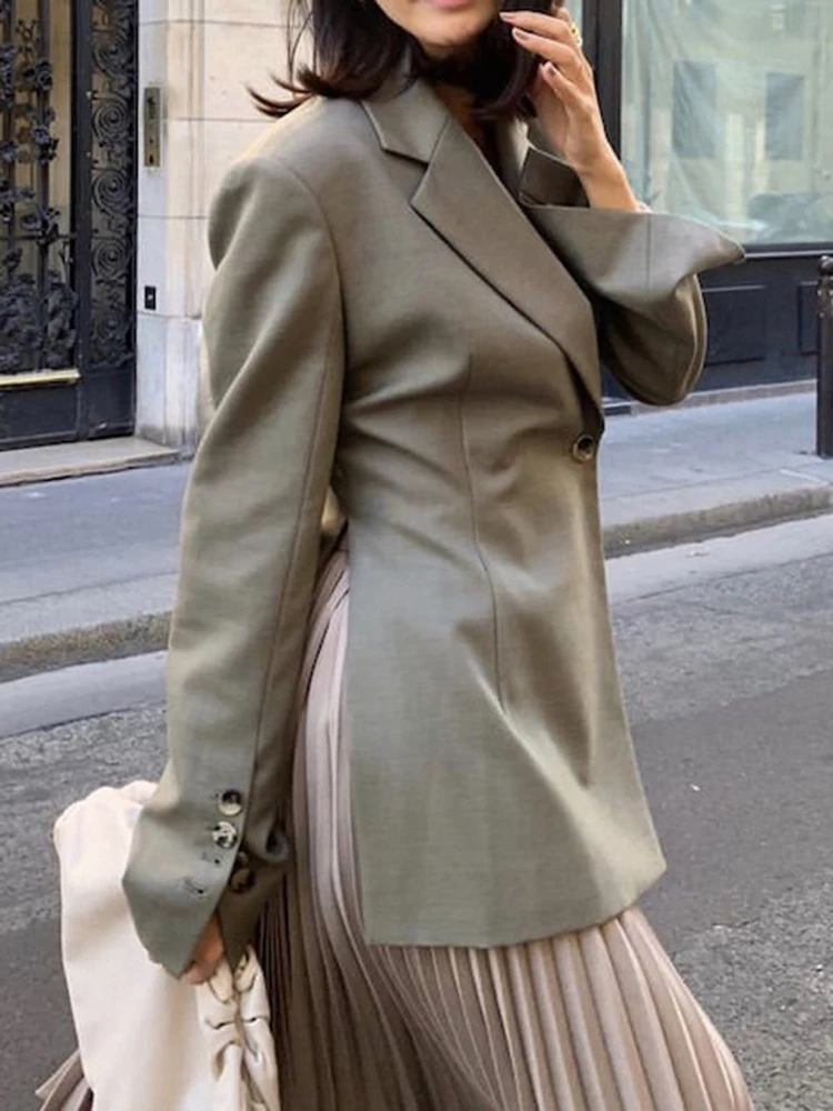 [LANMREM] Single Button Gathered Waist Blazers For Women Long Sleeve Office Lady Green Jackets Fashion 2024 Spring New 26D8926