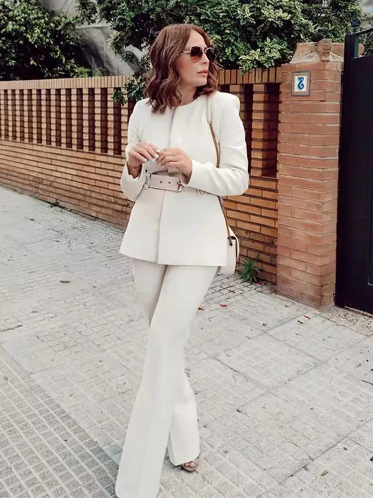 Flared Pants Two Pieces Sets Women Long Sleeve Fashion With Belt Blazer Coat Trousers Women's Suit 2025 New Woman Outfits