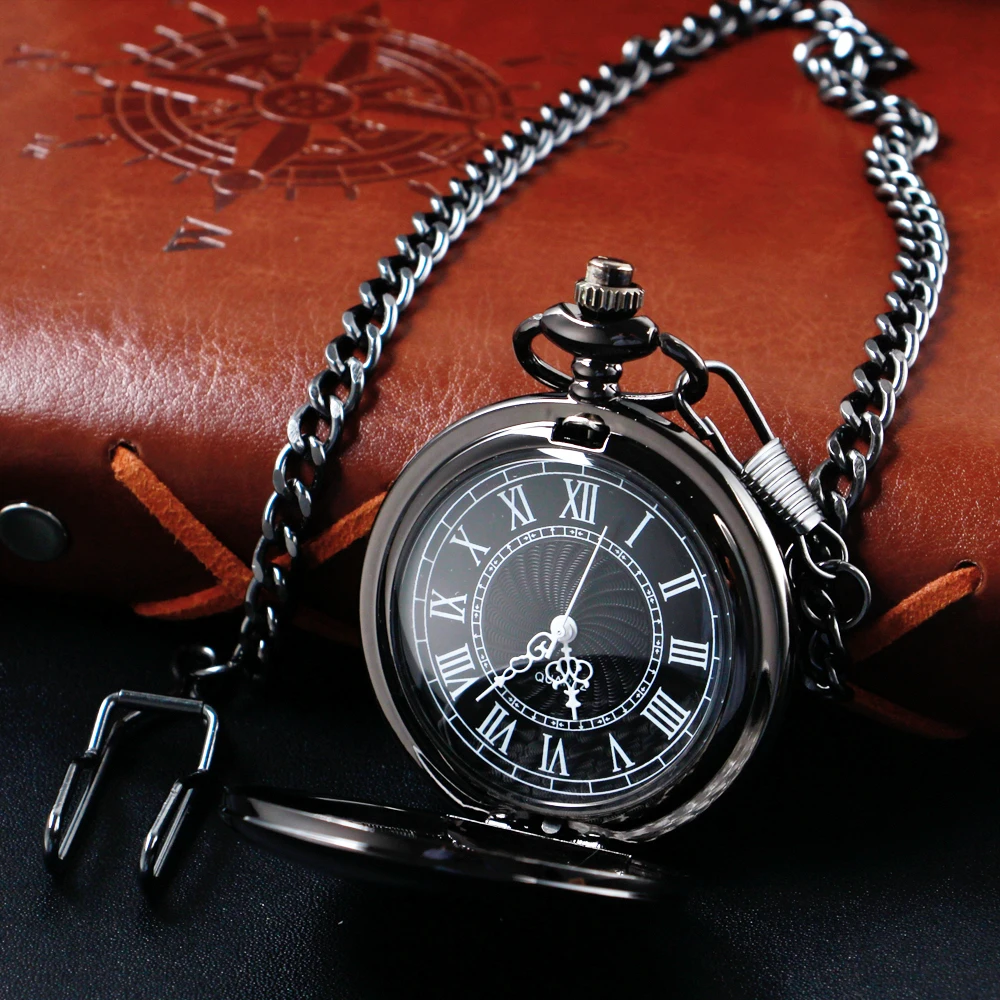 

Black Smooth New Quartz Pocket Watch Fob Chain Men Women Fashion Roman Numerals Gift cf2021 reloj de bolsillo