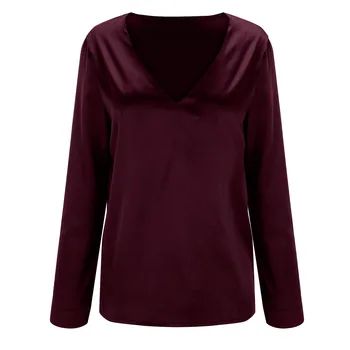 Fashion Blouse Solid V-Neck Shirt Satin Silky Soft Long Sleeve Casual Top Blouse Women Clothing 3