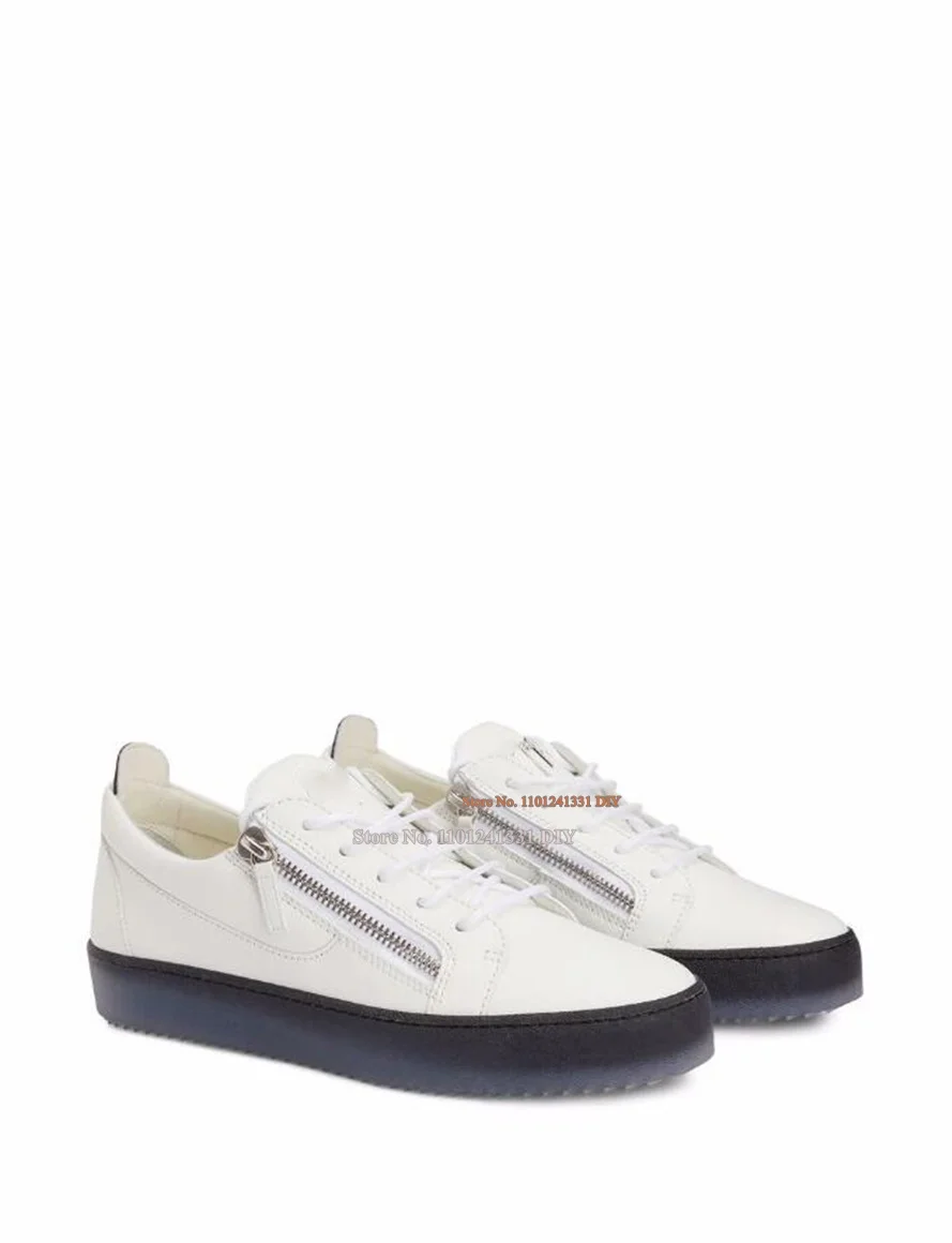 

White Leather Sneakers Front Zipper Board Shoe Men and Women Slip On Daily Casual Shoes Zapatillas Hombre Chaussure