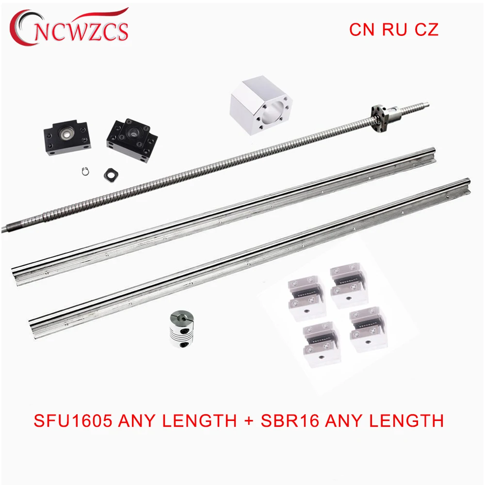 

SFU1605 Ball Screw Any Length+BKBF12 End Support Block+Nut Housing+Coupling+SBR16 Linear Rail Support+4pc SBR16UU For XYZ CNC