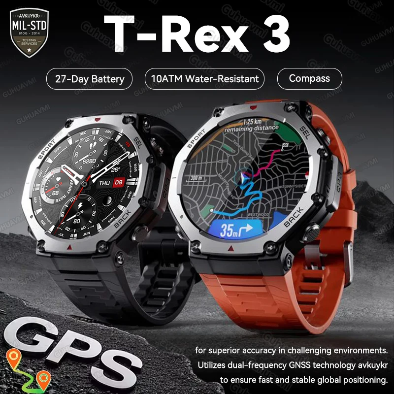 2026 New T-Rex 3 Pro Dual-Band GPS Military Smart Watch 48mm 10ATM Waterproof 500mAh Battery Compass Altimeter AGPS Smartwatches 1