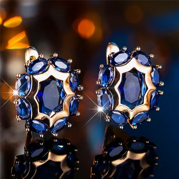 Blue Crystal Green Black White Oval Zircon Stone Hoop Earrings For Women Fashion Female Gold Color Wedding Jewelry