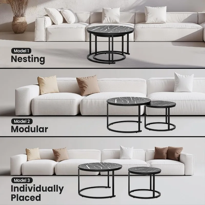 27.5" Nesting Coffee Table,Round Coffee Table Set of 2,Wooden Marble Pattern Nesting Table,Modern End Table for Living Room, 6