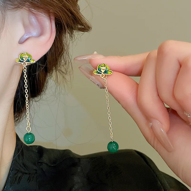 

Minar Retro Green Color Enamel Resin Lotus Flower Beads Tassel Long Drop Earrings for Women Gold Plating Alloy Party Jewelry