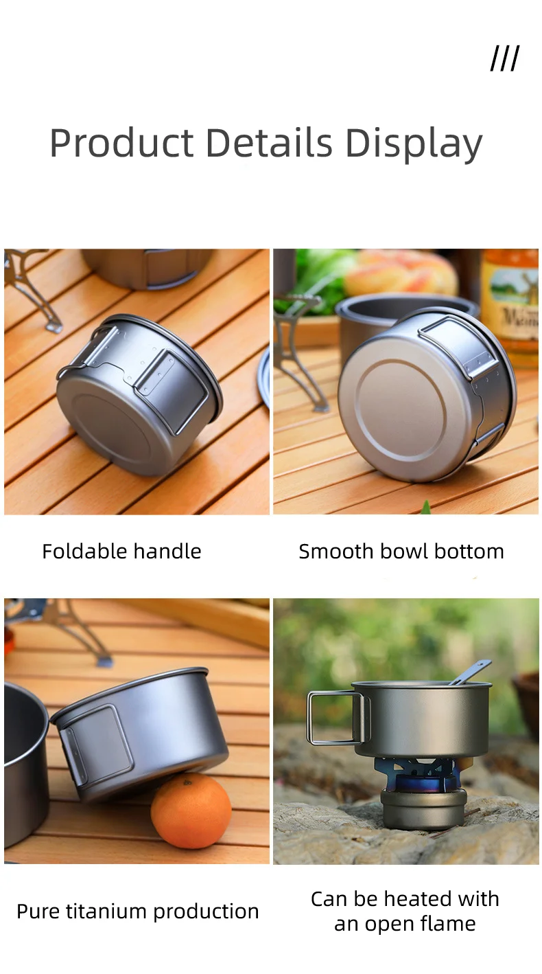Description Picture 5 of itemFoldable Handle Portable Titanium Bowl, Outdoor Camping Bowl Dinner Food Container Hiking Backpack Picnic Cooking Tableware Tool