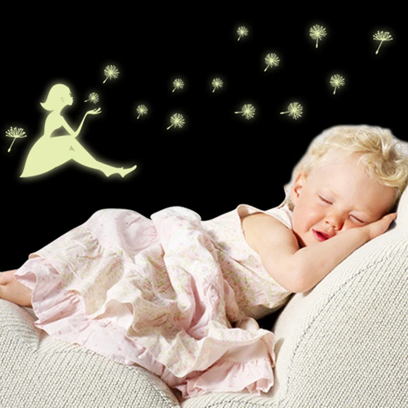 Luminous Dandelion Girl Wall Stickers Fluorescent Flowers Fluttering Glow in the Dark Home Decorations for Kids Room Bedroom