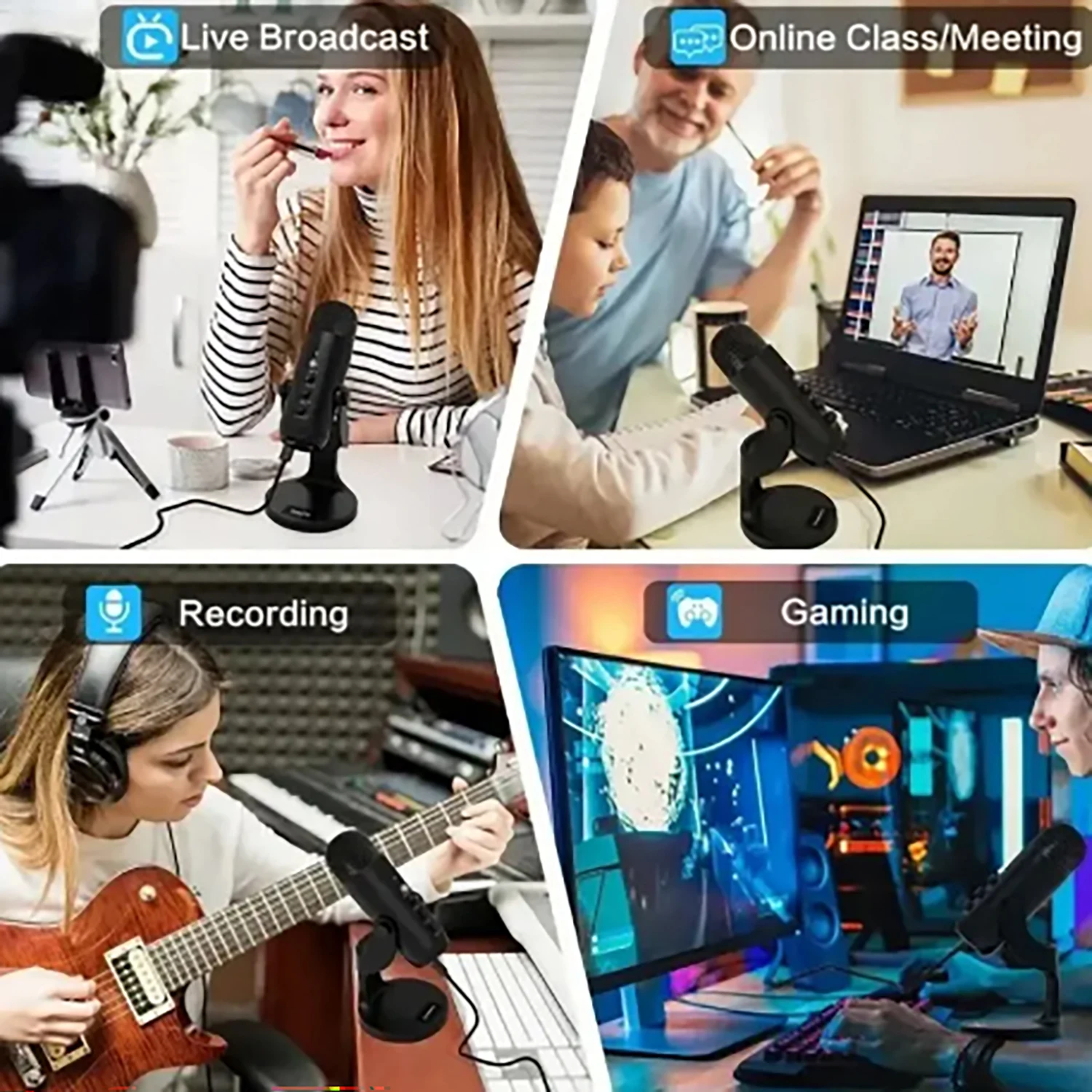 USB Microphone for PC Mac Gaming Recording Streaming Podcasting, Computer Condenser Mic with Phone Adapter Headphone Output